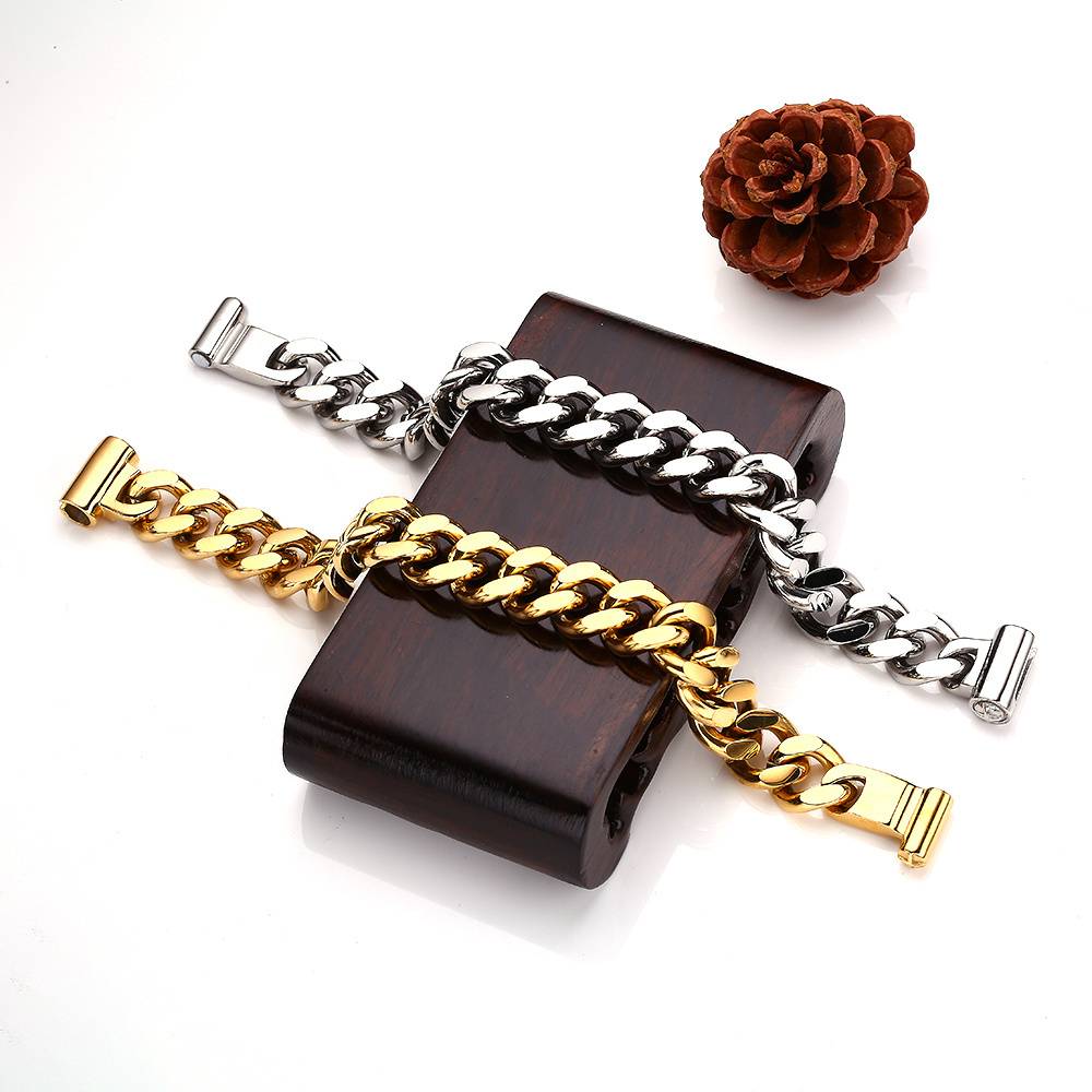 Hip Hop Style 18K Gold/Rhodium Plated Stainless Steel Men's Curb Chain Bracelet