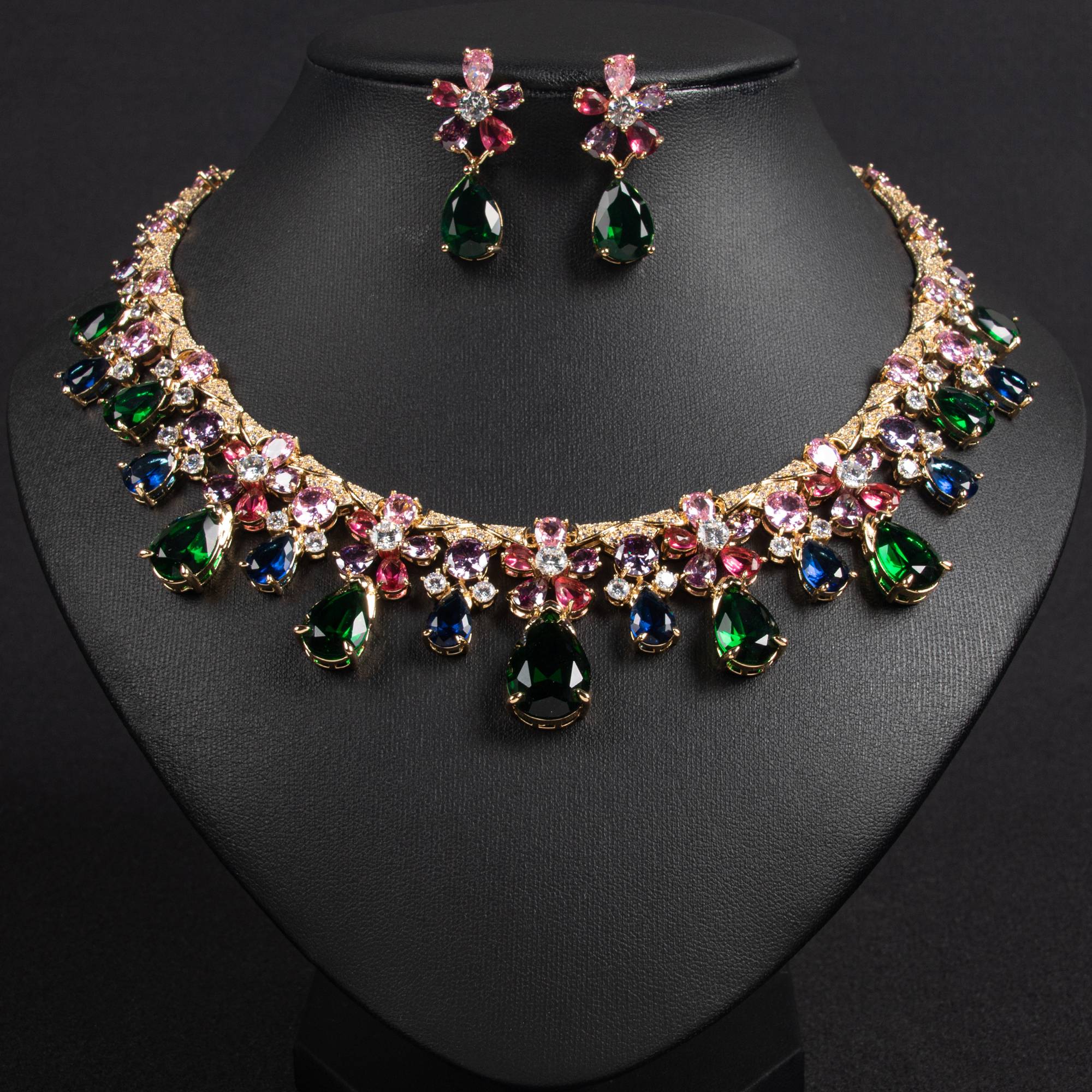 Lonceen Ensemble de bijoux de mariée plaqué or 18 carats avec fleurs et larmes multicolores
