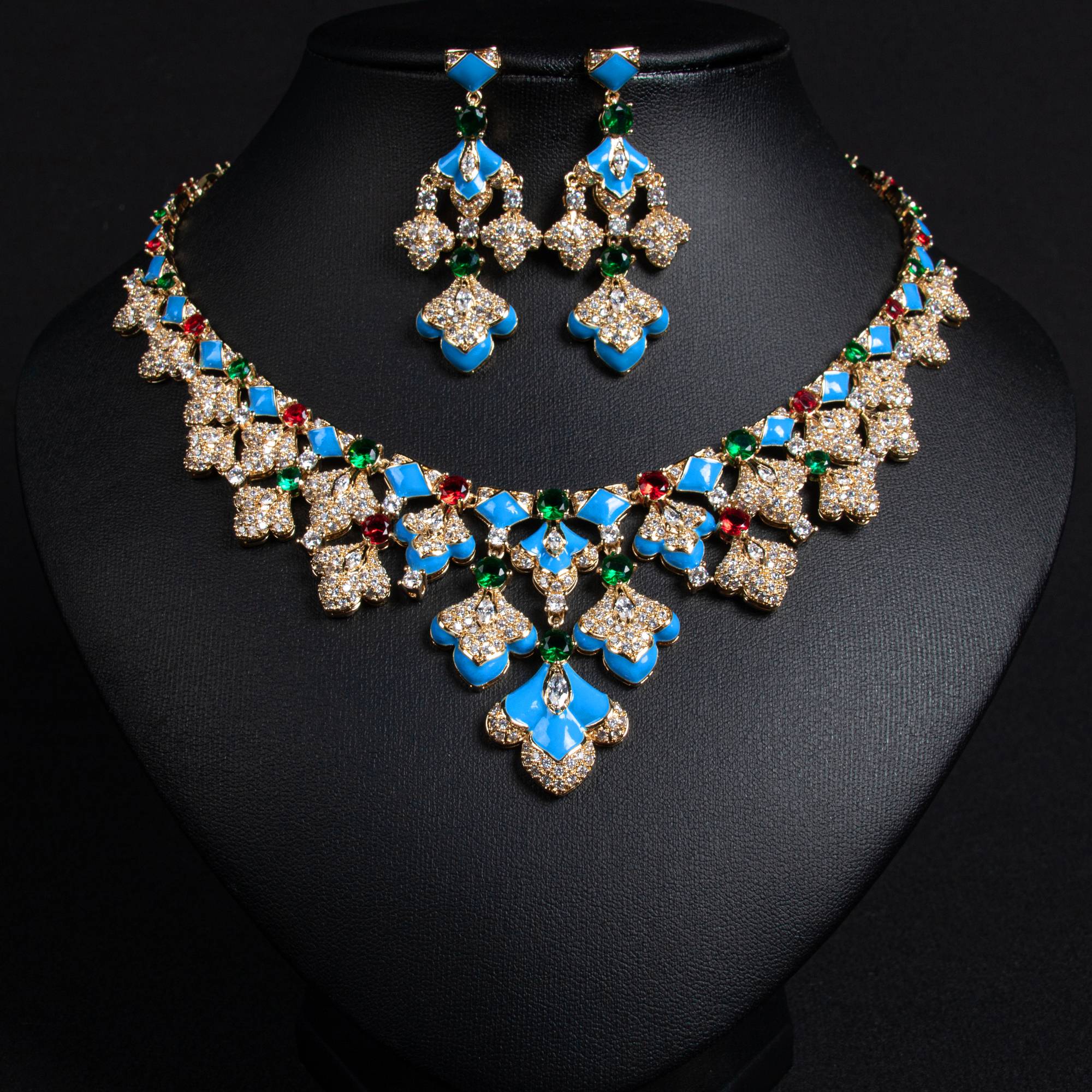 Ensemble de bijoux de mariée en laiton plaqué or 18 carats et collier floral en émail