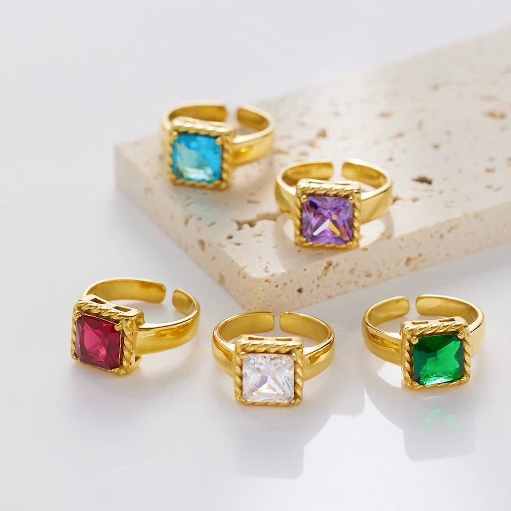 Stainless Steel Women's Colored Square Stone Stainless Steel Adjustable Gold Zircon Fashion Jewelry Ring