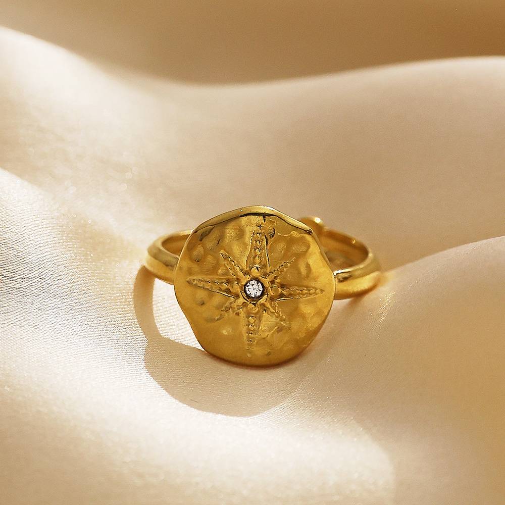 Cincin perhiasan fashion wanita bintang segi delapan tidak beraturan zirkonia kubik berlapis emas 18k baja tahan karat tahan air