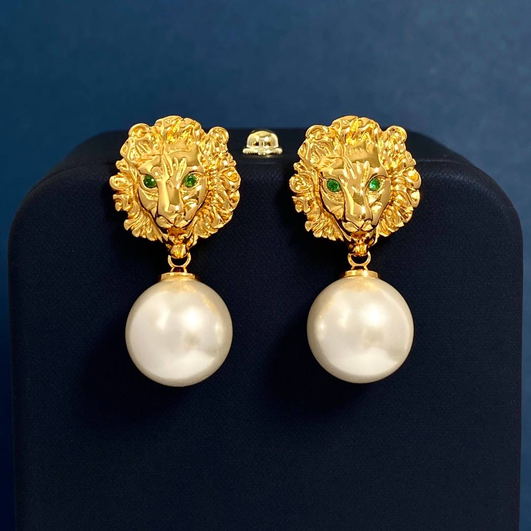Lonceen Regal Green-Eye Lion & Pearl Stud Earrings