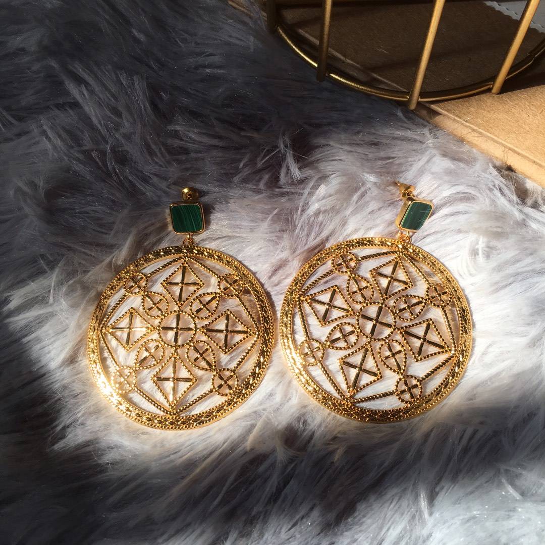 Lonceen Elegant Green Onyx Window Lattice Filigree Drop Earrings