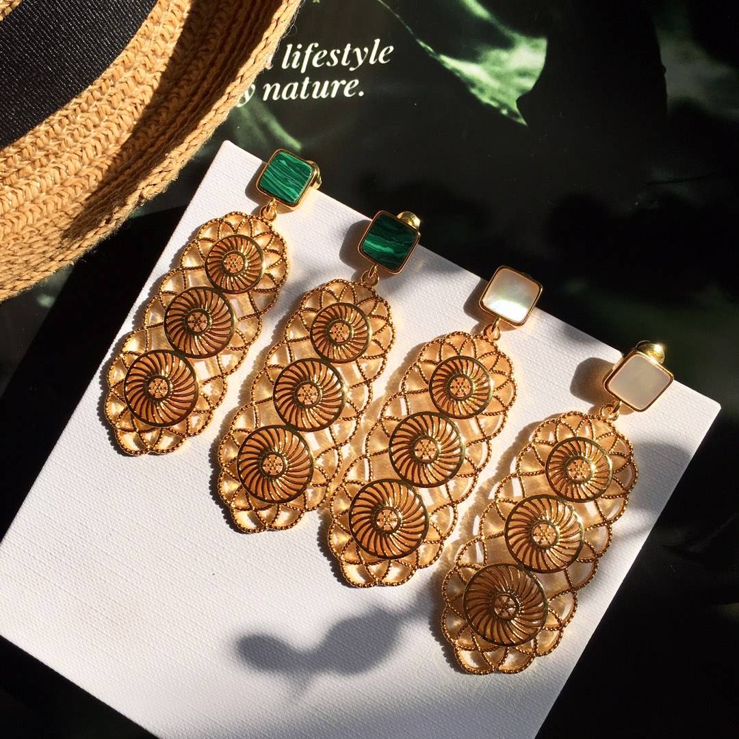 Lonceen Luxe 18K Gold Plated Green Onyx Diamond-Pattern Drop Earrings