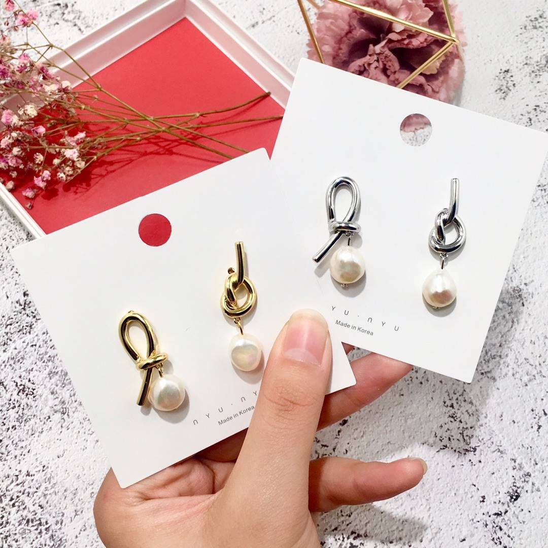 Lonceen Chic Asymmetric Knot & Baroque Pearl Drop Earrings