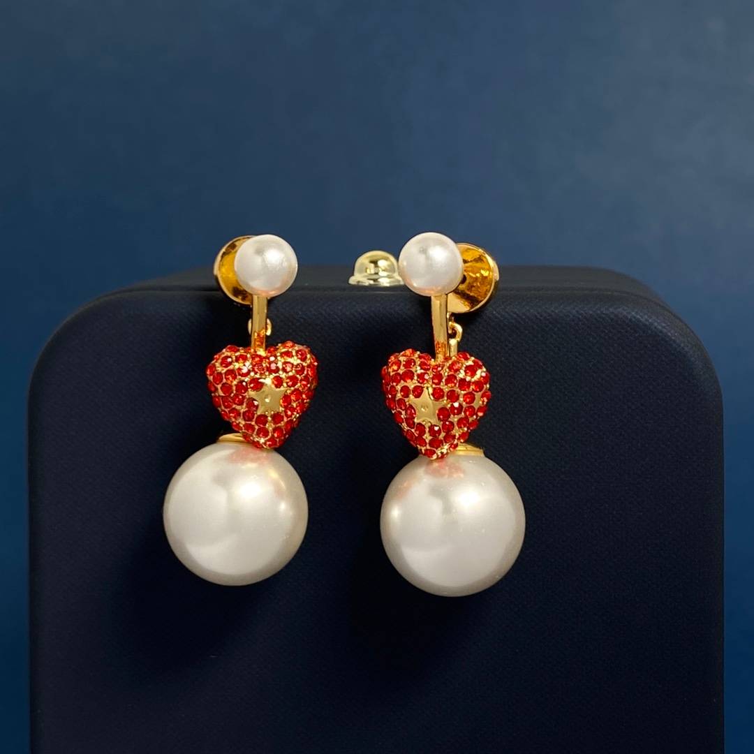 Lonceen Romantic Pearl & Red Heart Zircon Stud Earrings