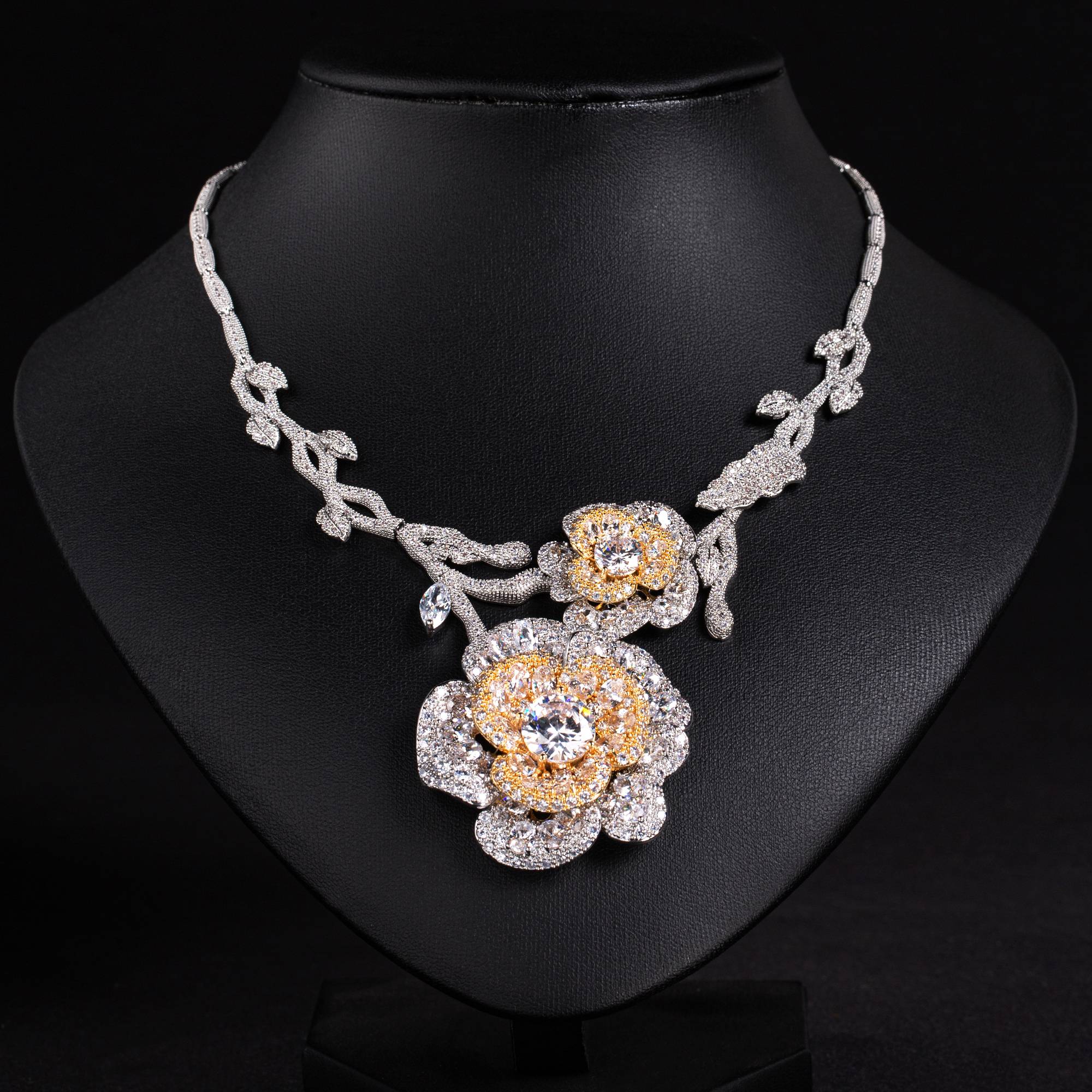 Flower Vine Two Tone Zircon Copper Choker Necklace for Women