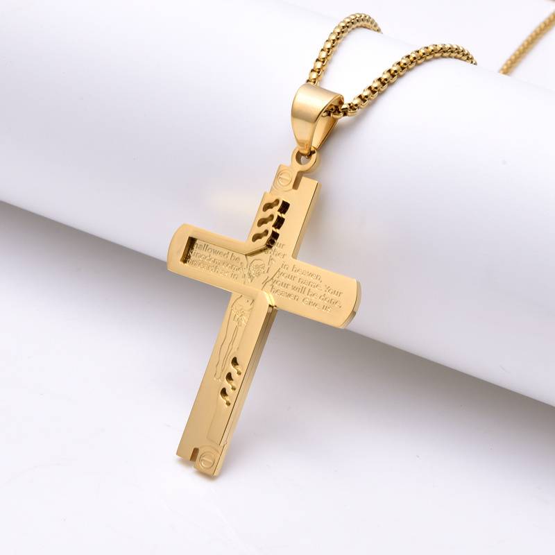 Men's Stainless Steel Chain Gold-Plated Cross Jesus Necklace, Religious Personalized Pendant Jewelry Necklace
