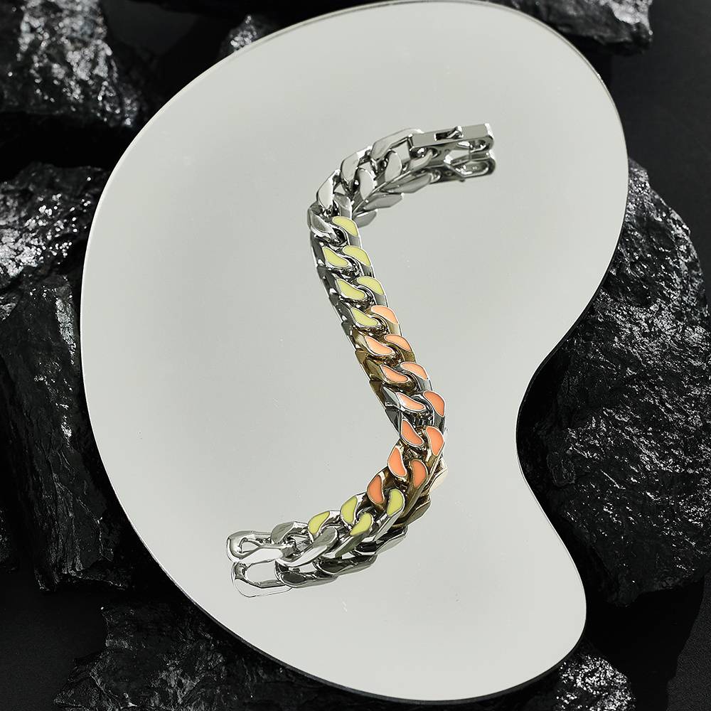 Men's Stainless Steel Cuban Chain, Silver-Plated, Colorful, Retro HipHop Fashion Jewelry