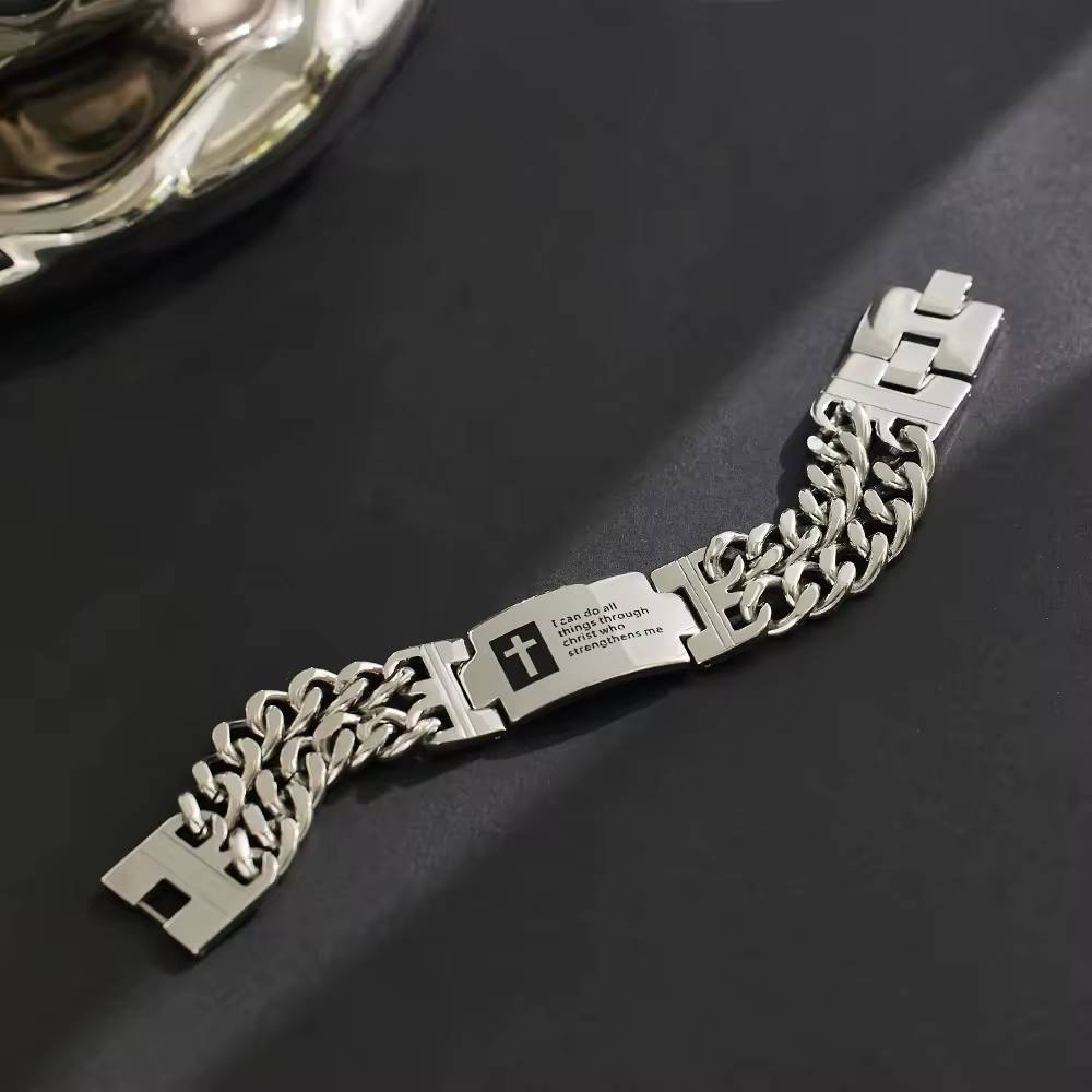 Custom stainless steel wide hip-hop double Cuban cross fashion jewelry men's stainless steel bracelet