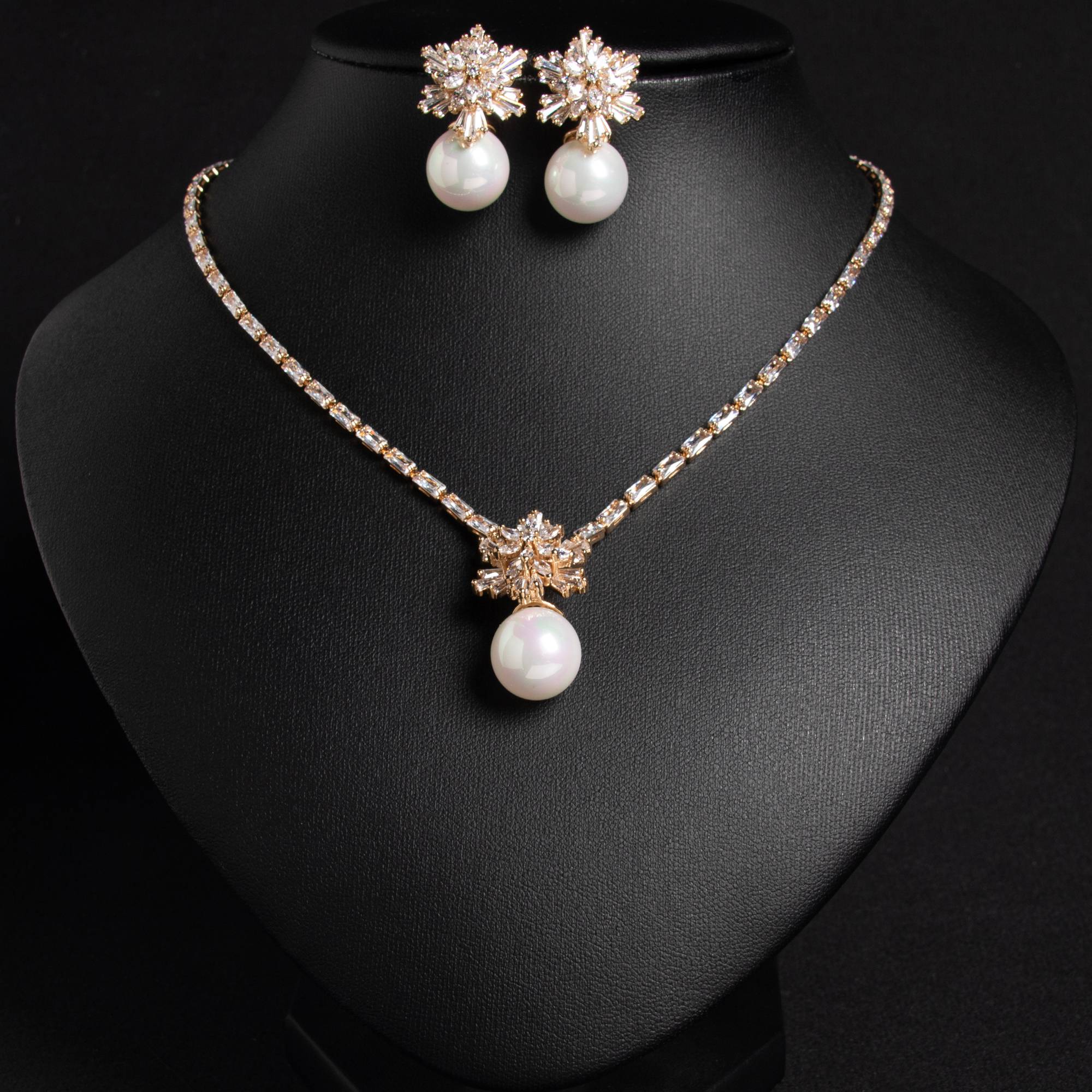 Lonceen Crystal-Embellished Pearl Jewelry Set (Sparkling Chain Necklace + Matching Stud Earrings)