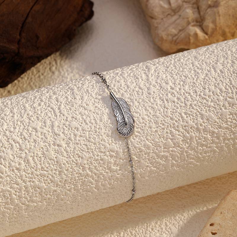Silver Stainless Steel Feather Bracelet Minimalist Chain