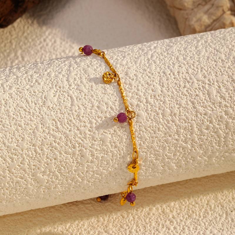 Gold Stainless Steel Charm Bracelet with Beads
