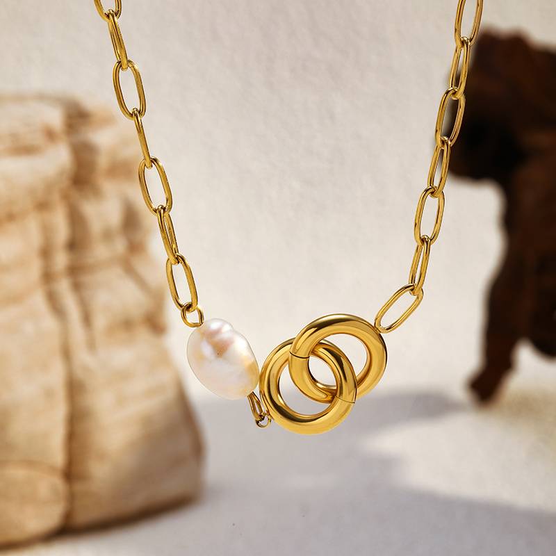 Damen-Halskette aus Edelstahl mit Perle und Doppelring-Design