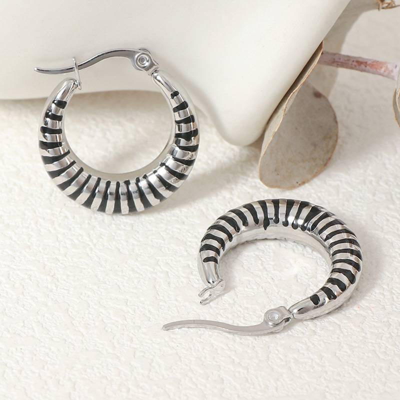 Stainless Steel Earrings Black Enamel Hoop