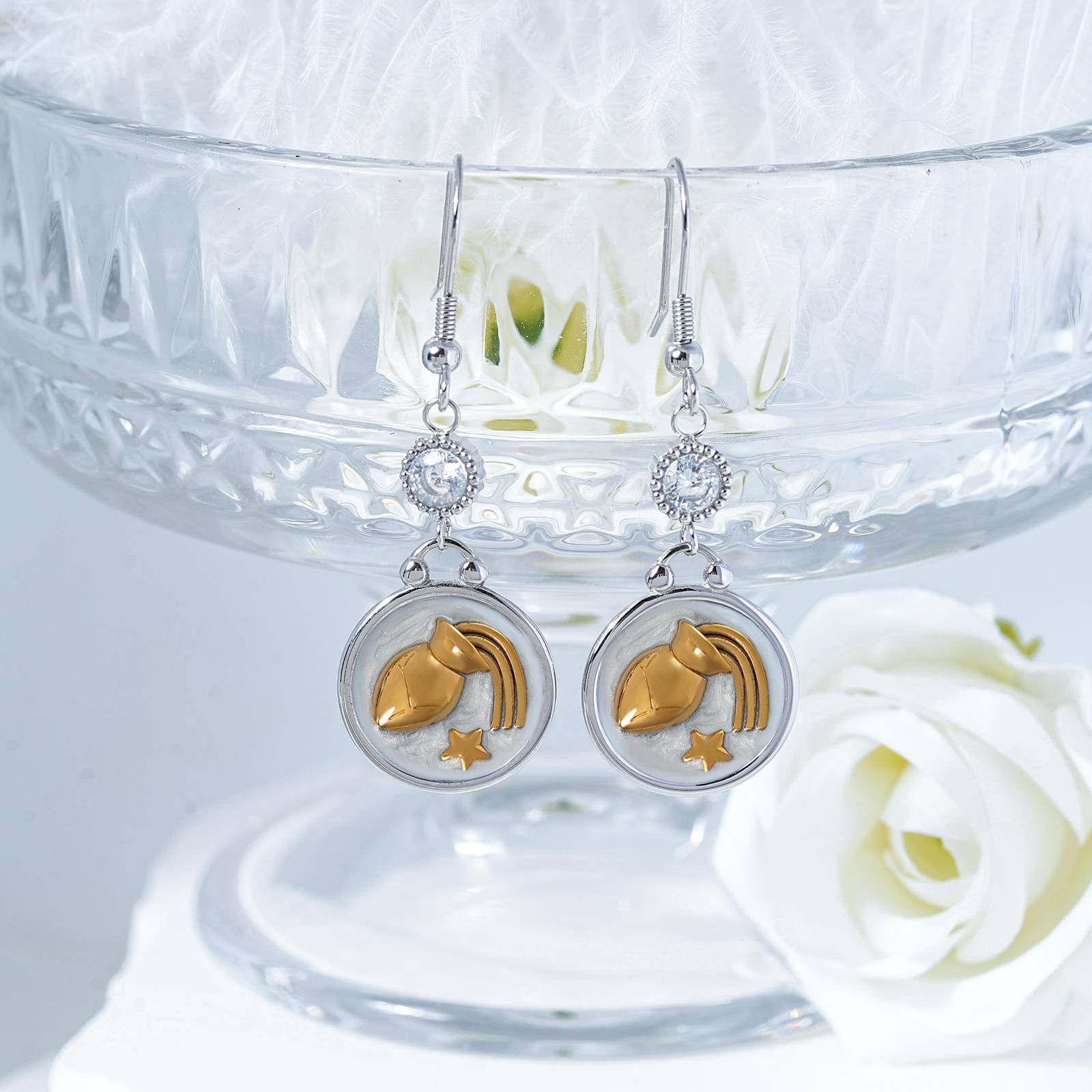 Lonceen Aquarius Stainless Steel Earrings with Pearl