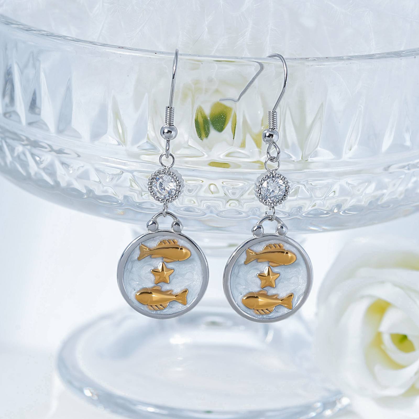 Lonceen Pisces Stainless Steel Earrings with Pearl