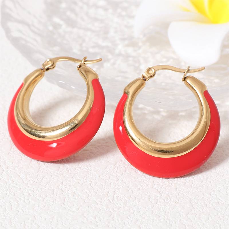 Lonceen Stainless Steel Earrings China Red Hoop