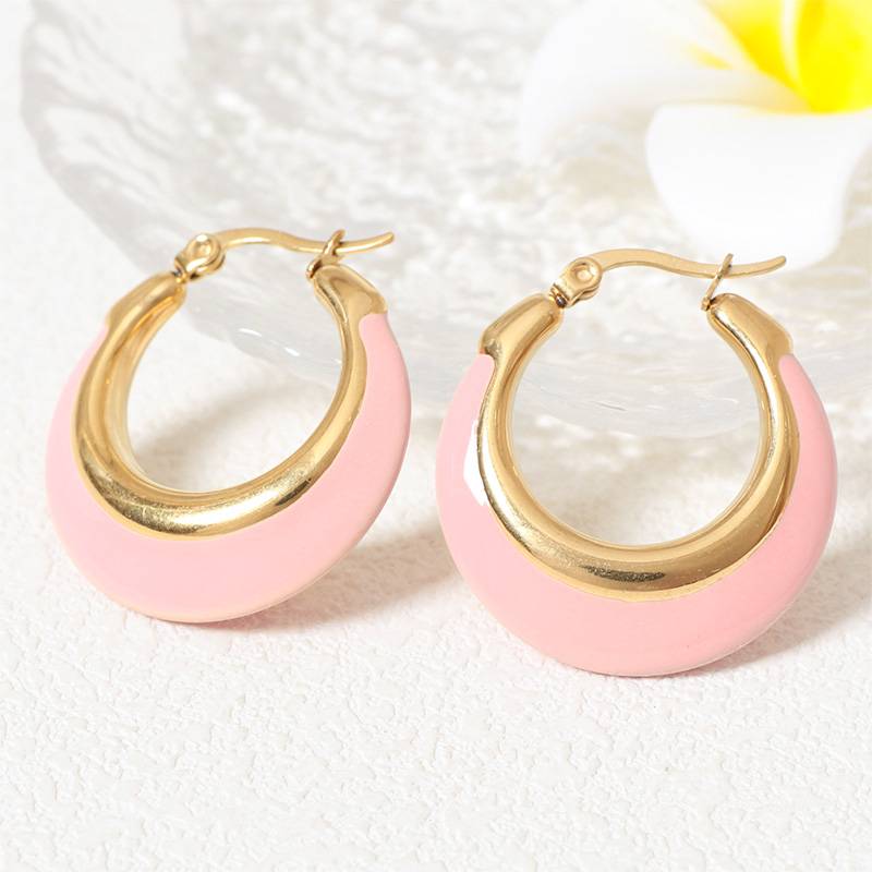 Lonceen Stainless Steel Earrings Pink Letter Hoop
