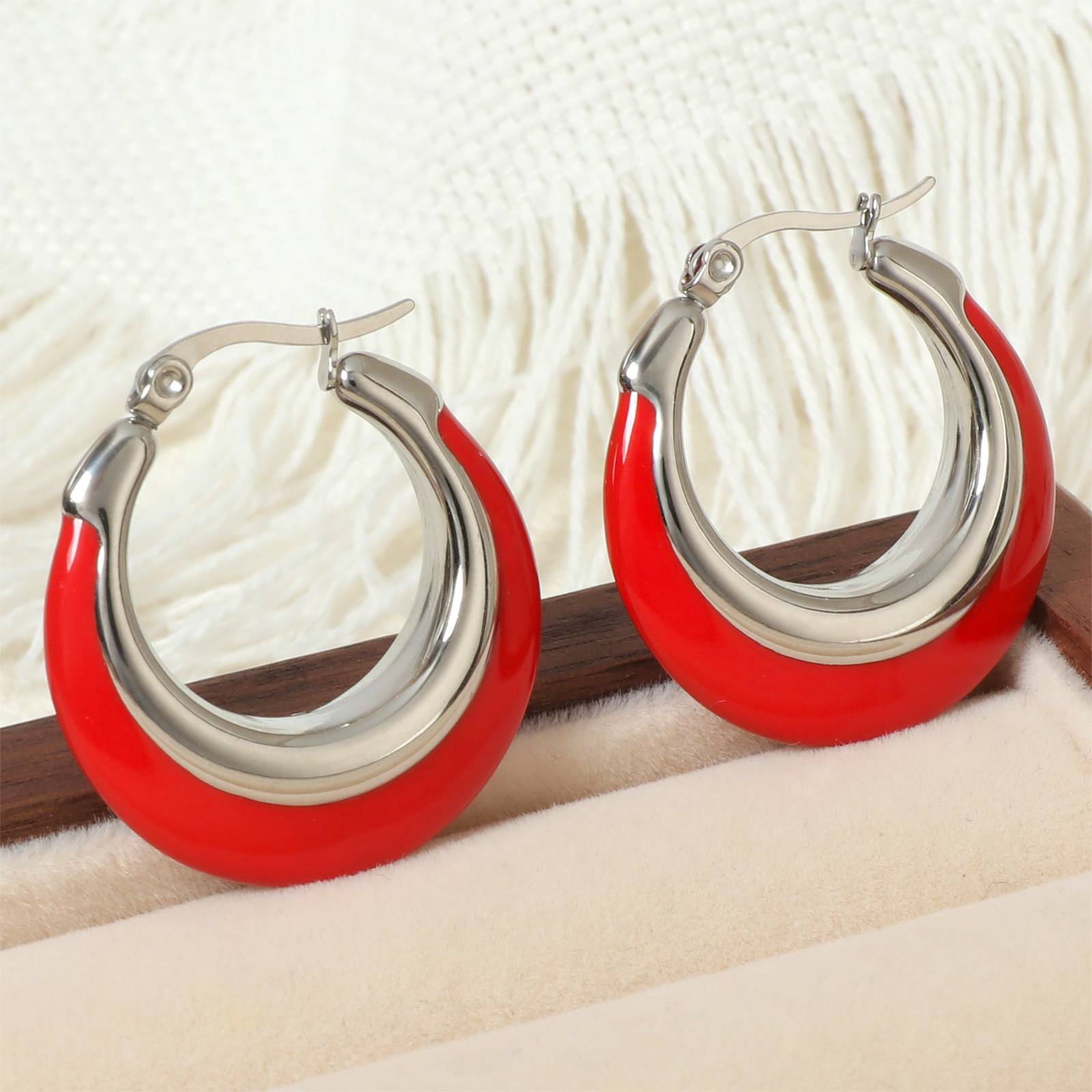 Lonceen Chinese Red Stainless Steel Earrings for Women