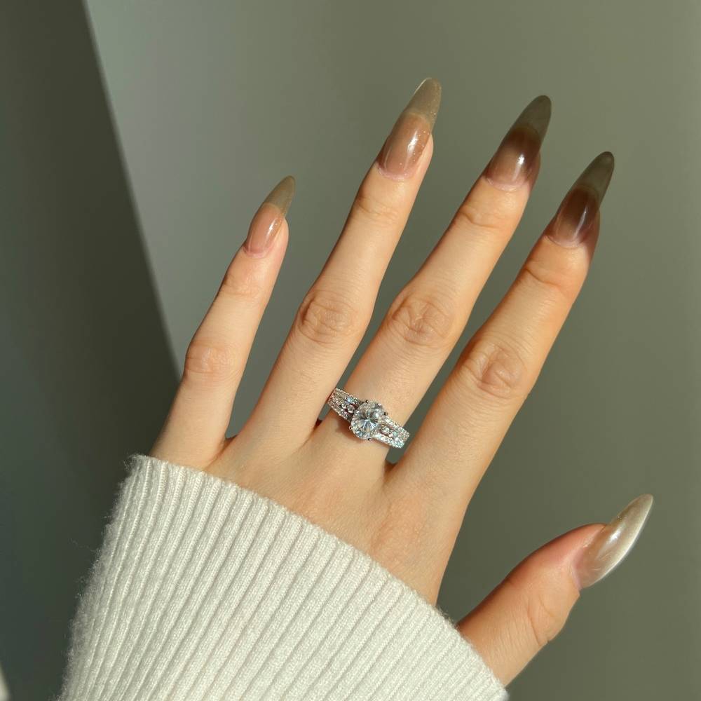 Lonceen Oval Moissanite Ring in 925 Sterling Silver with Double Side Stones