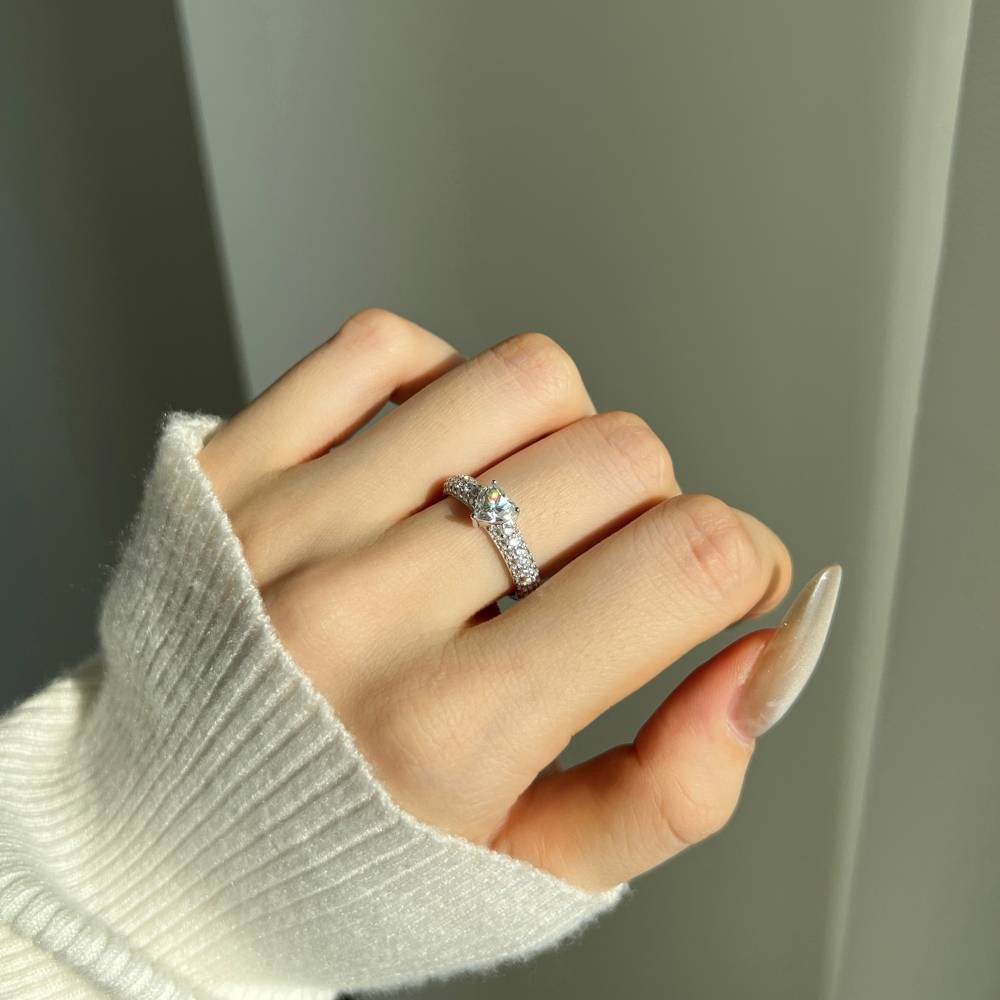 Lonceen 925 Silver Heart Moissanite Ring, Double Pave Band & Four Prong Solitaire