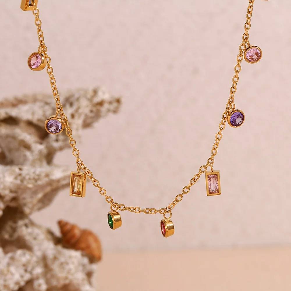 Colorful Zircon Jewelry Choker Gold Plated Jewelry Gift for Women Stainless Steel Christmas Jewelry