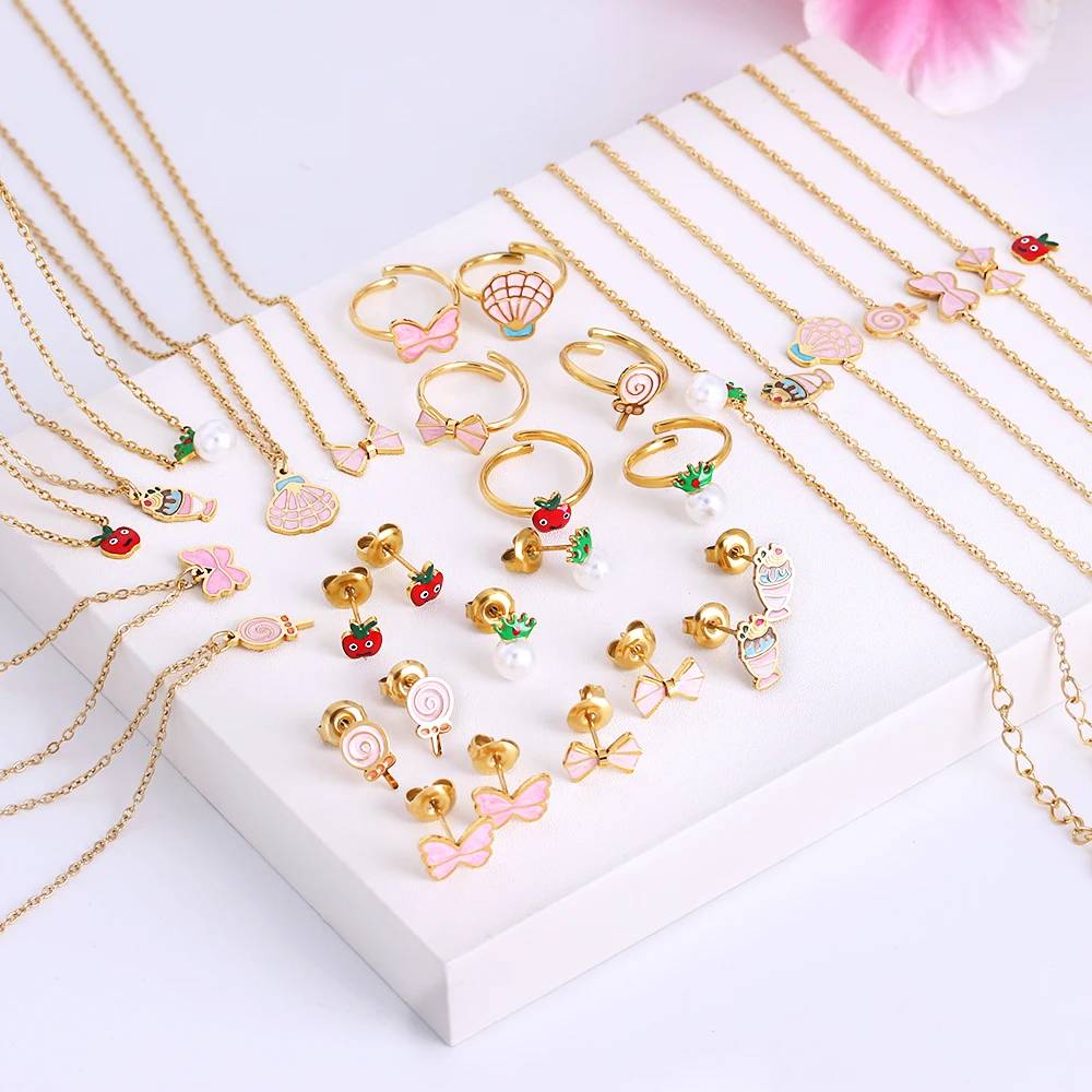 Ensemble de bijoux pour enfants en acier inoxydable plaqué or avec nœud papillon, coquillage et émail