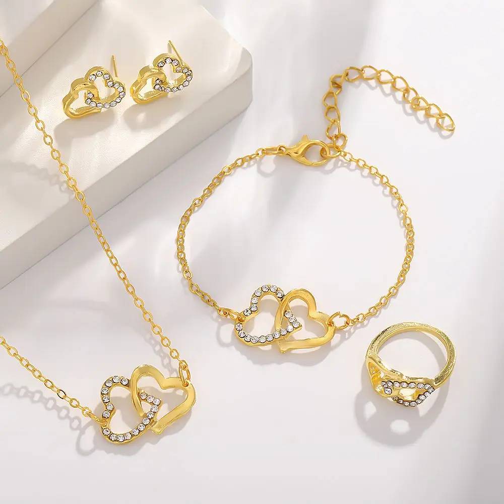 Ensemble de bijoux en forme de cœur en zircon plaqué or 18 carats pour femme, idéal pour un mariage.