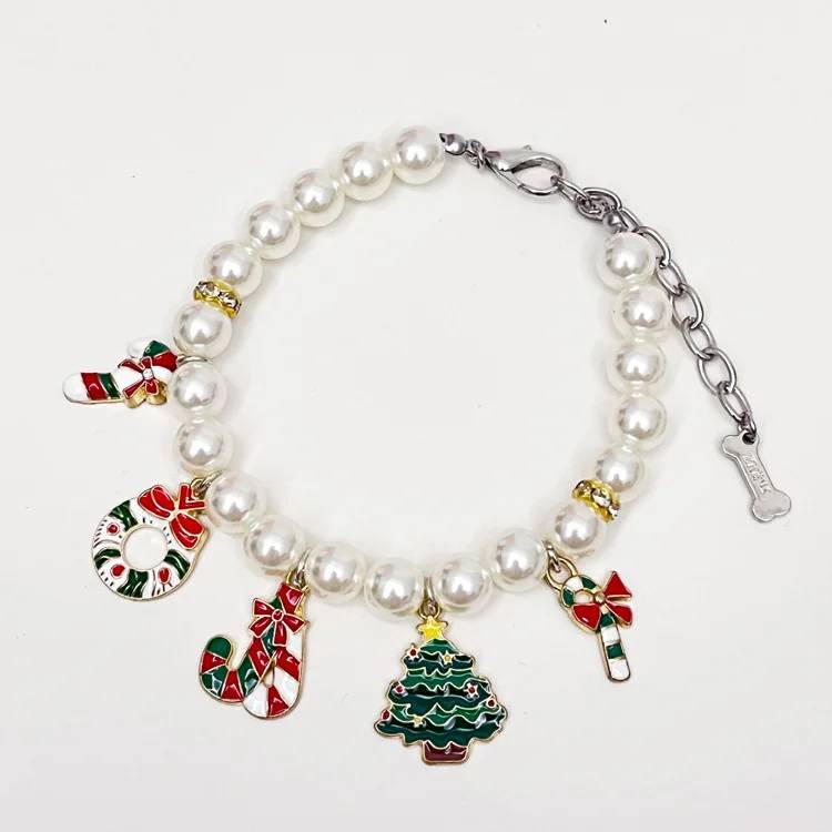 Collier pour chien de luxe orné de perles en plastique, de rubans à motifs unis et de dessins animés, disponible en gros pour Noël. Bijoux fantaisie pour animaux de compagnie.