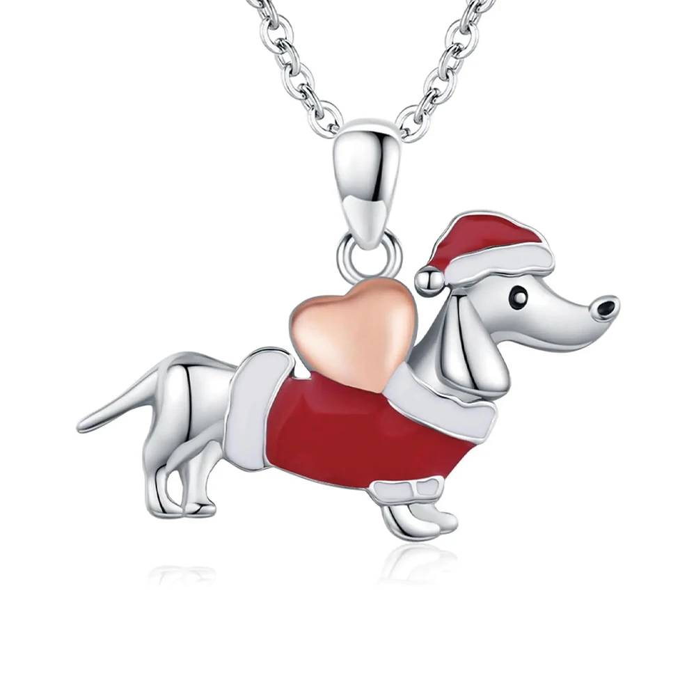 Collier pendentif teckel de Noël en argent sterling 925