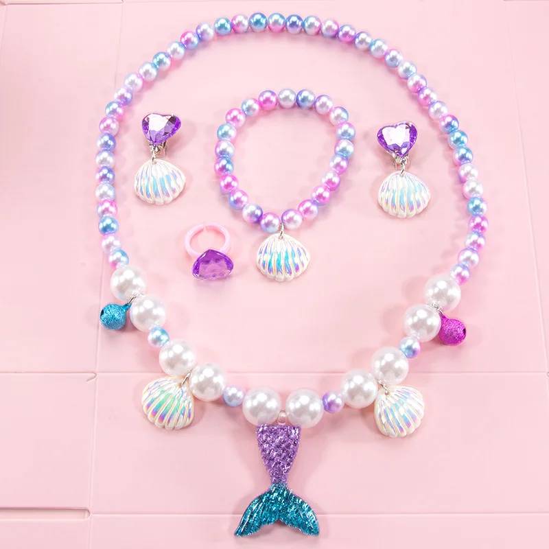 Ensemble de bijoux sirène pour filles : collier, bracelet, bague et boucles d'oreilles.