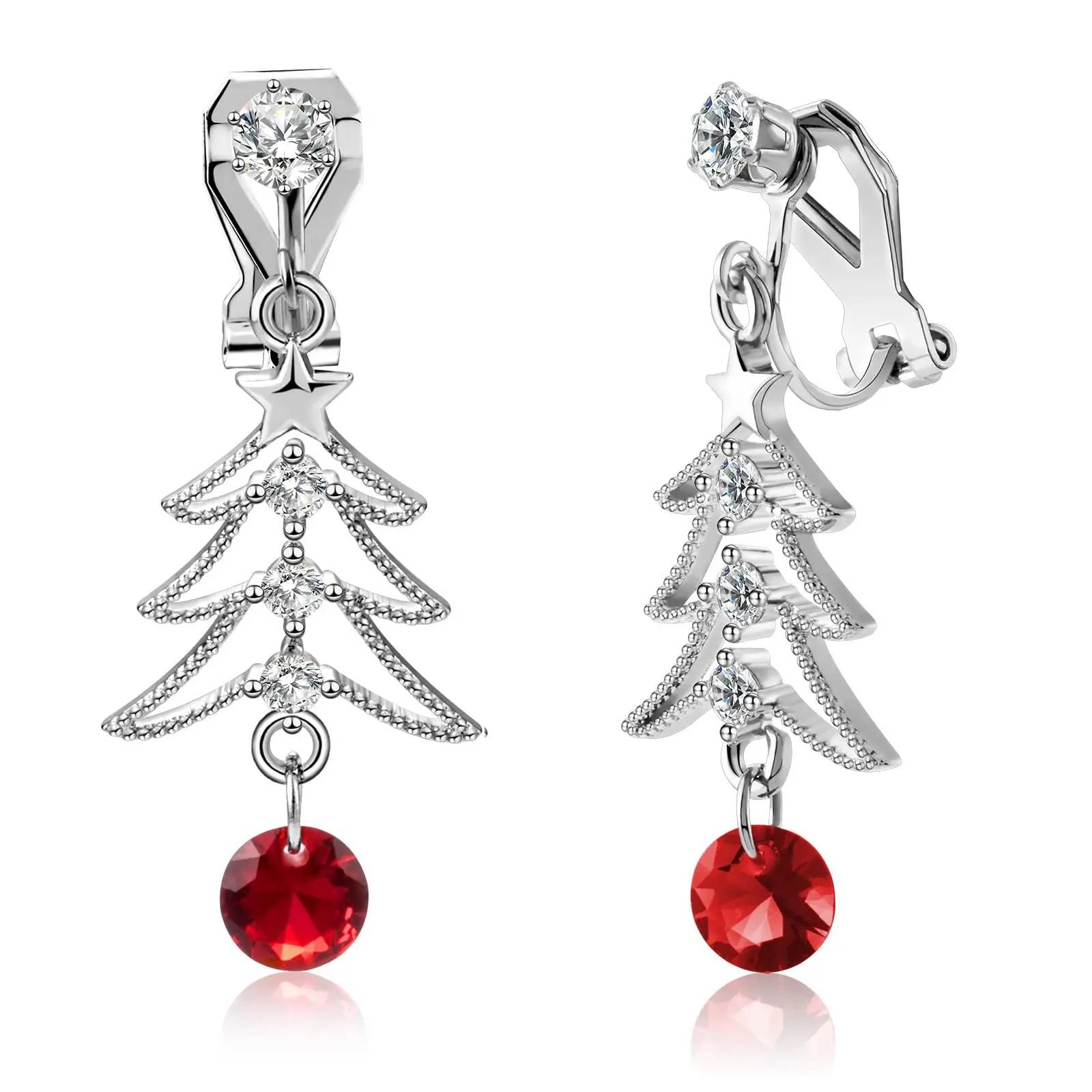 Christmas Tree Clip Earrings Red Crystal Stainless Steel