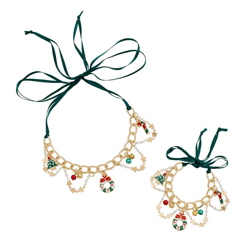 Festive Christmas Ribbon Necklace with Santa Bell Pendant Clavicle Chain