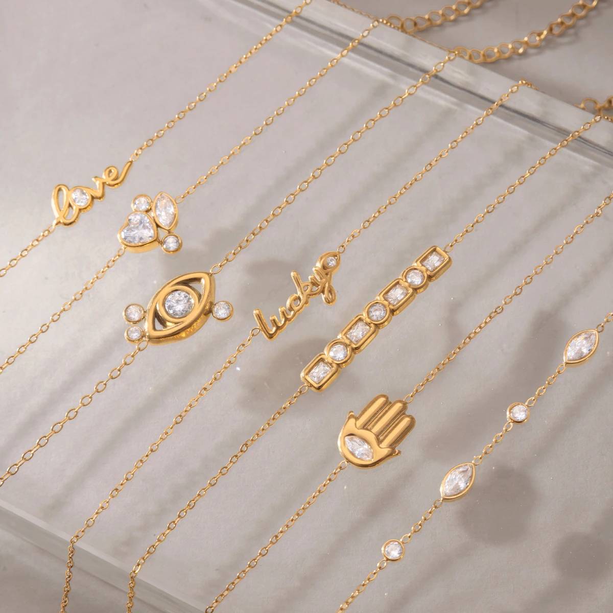 18K Gold Stainless Steel Evileye Hamsa Love Lucky CZ Charm Bracelet Set Hypoallergenic Dainty Gift Women Fashion Jewelry