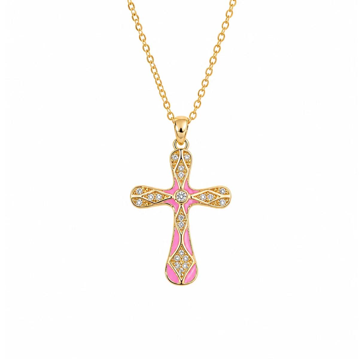 Fashion Gold Cross Necklace for Women Pink Enamel Crystal Pendant Religious Jewelry Gift for Her Baptism Communion Christmas