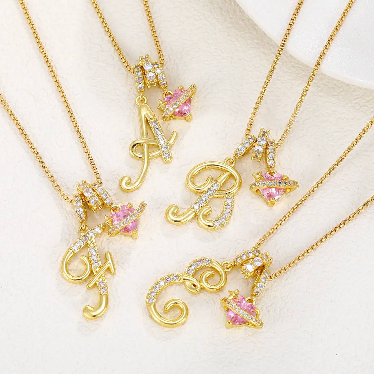 Necklace Sparkling Pink Heart Cubic Zircon Charm Alphabet Necklace Women Statement Love Jewelry