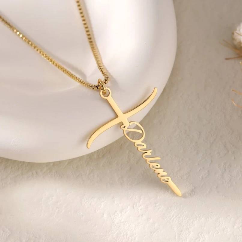 Personalized 18k Gold Plated Cross Pendant Necklace with Box Chain Personalized Name Jewelry Christian Religious Gift for Her