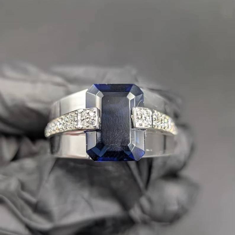 Blue Sapphire Emerald Cut Moissanite Gemstone Ring For mens Original 925 Sterling Silver Fine Party Jewelry Surprise Gift Him