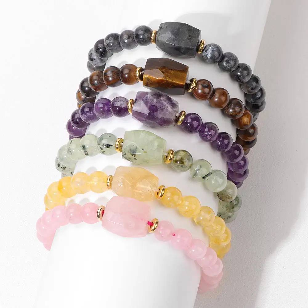 Unisex Trendy Fashionable Natural Stone Bead Bracelet with Cut Crystal Pendant Charming Jewelry Gift for Him and Her