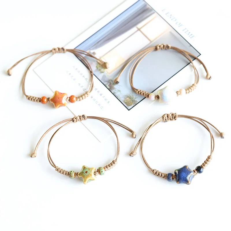 Colorful Ceramic Starfish Couple Bracelet Coffee Color Rope Woven Ceramic Bead Gift Bracelet Men Women