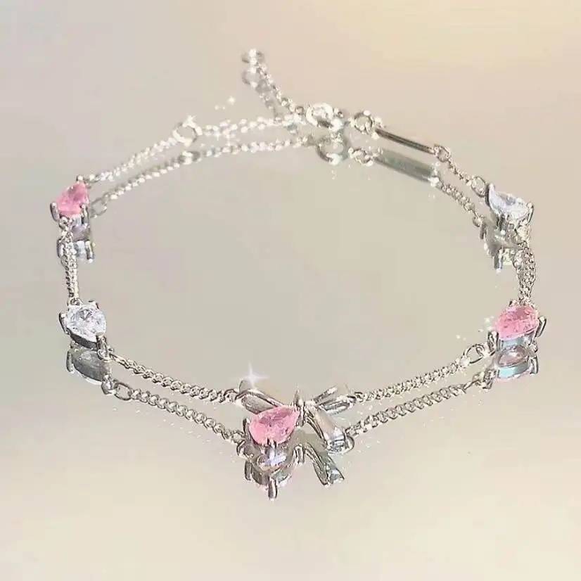 Pink Zircon Cherry Blossom Bracelet for Women Niche Light Luxury Temperament High End Cold Style Best Friend Trendy Jewelry