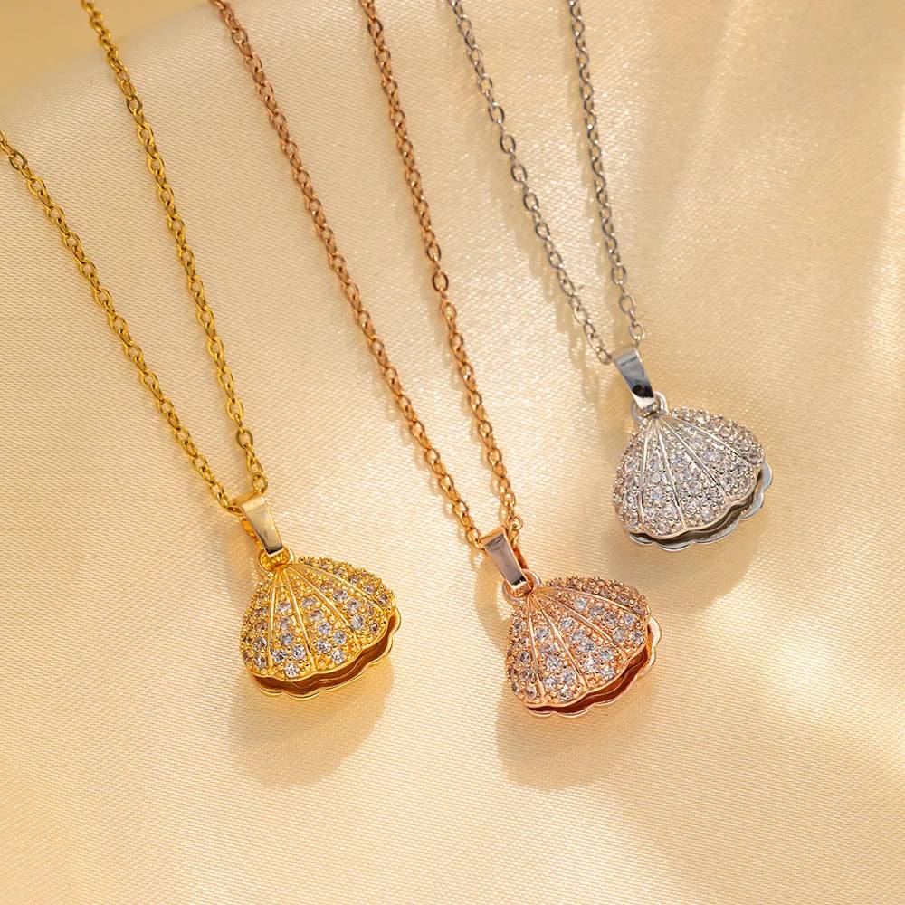 Wholesale Stainless Steel Ocean Series Beach Necklace Gold Plated Shell Starfish Necklace with Cubic Zirconia Jewelry Gift