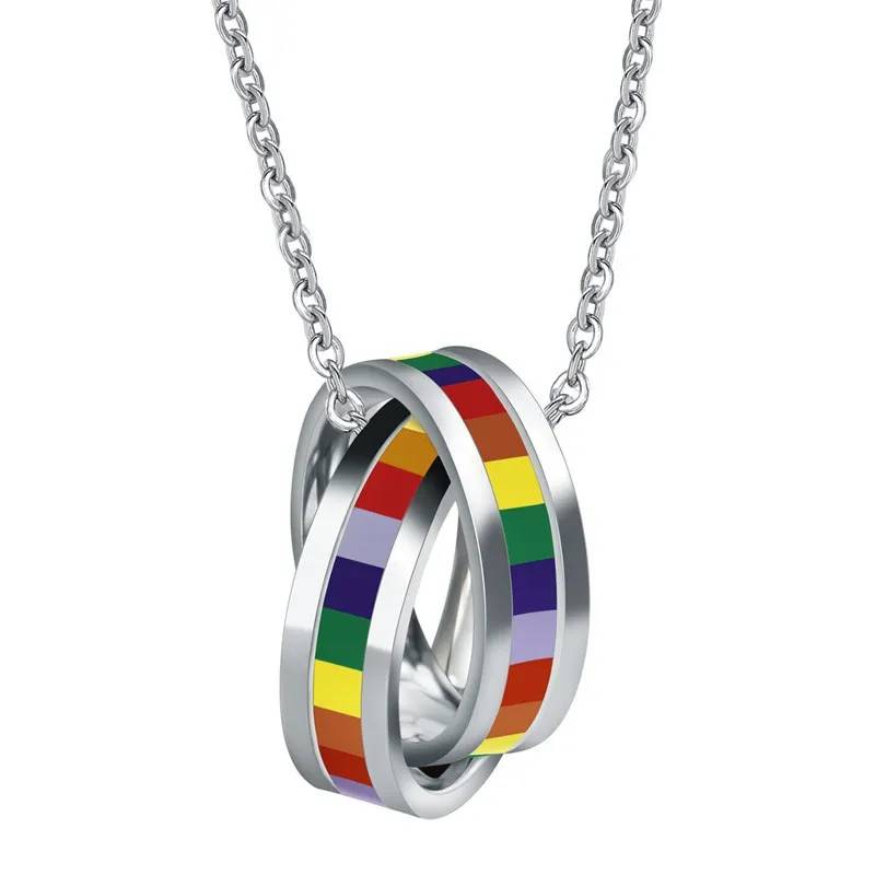 LGBT-Paar-Pride-Regenbogenflaggen-Doppelring-Schmuckkette aus Titan-Edelstahl
