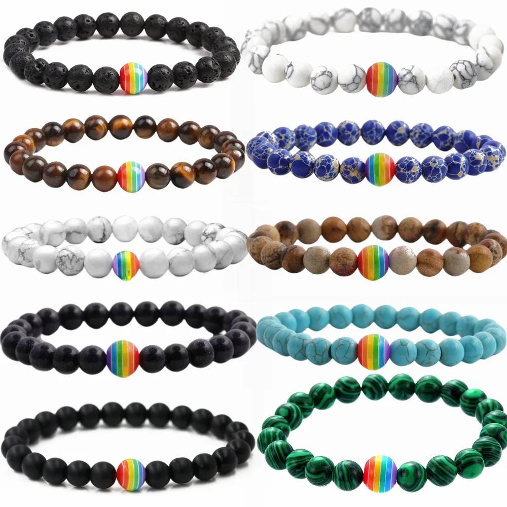 Armbänder aus Vulkangestein, Armbänder aus Naturstein und Energiestein, Pride-Perlenarmband für Paare, Regenbogen-Armband, Schmuck für Paare