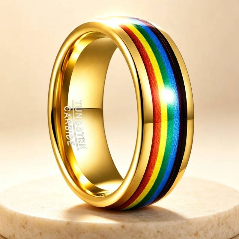 Goldener Wolframcarbidring mit Regenbogenstreifen-Einlage, 8 mm breiter Pride-Ehering für Damen und Herren, farbenfroher Pride-Schmuck im Großhandel
