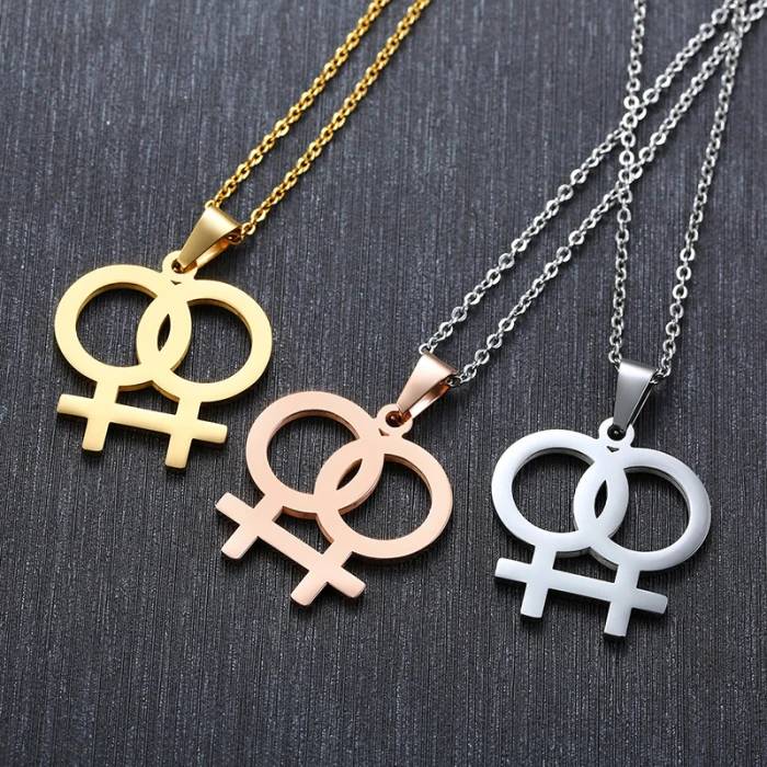 Günstiger LGBT-Schmuck im Großhandel: Minimalistische Halskette aus silber-/gold-/roségoldplattiertem Edelstahl mit lesbischem Symbol