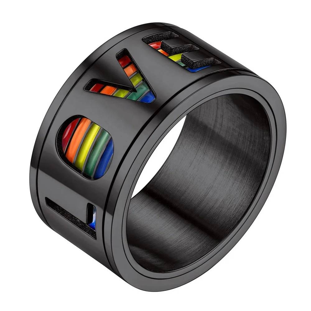 Neue personalisierte Edelstahlringe mit Regenbogen-Emaille-Liebesmotiv für LGBT-Pride, Drehring für Schwule und Lesben, LGBT-Verlobungsring