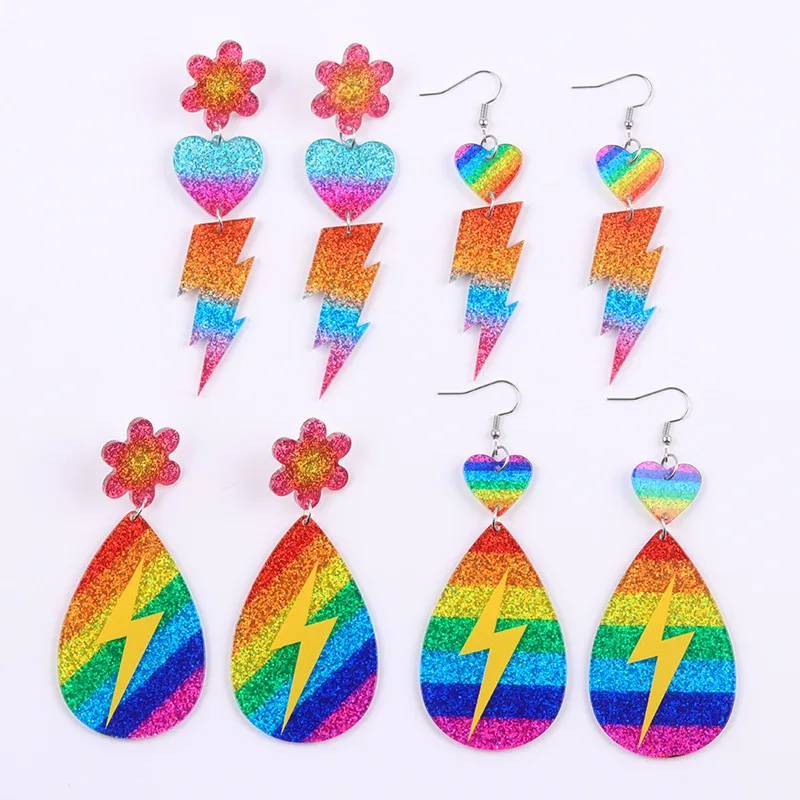 LGBT-Regenbogen-Pride-Ohrringe für Damen und Mädchen aus Acryl mit Blitz, Blume und Herzanhänger