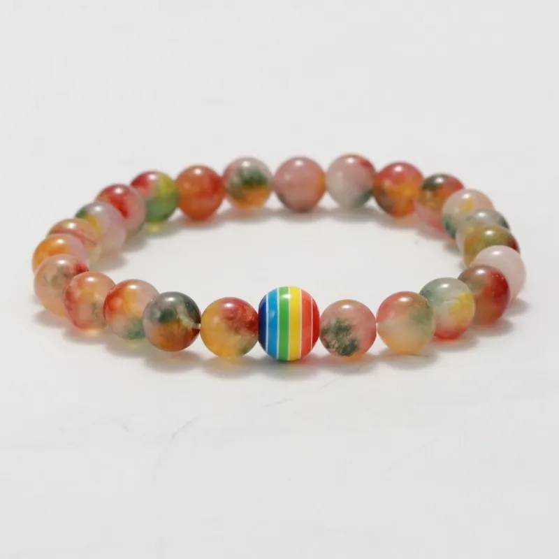 10 mm Regenbogenperlenarmband für Gay Pride, Lesbenliebe und Gleichberechtigung, 8 mm rosa-violettes Achatperlenarmband